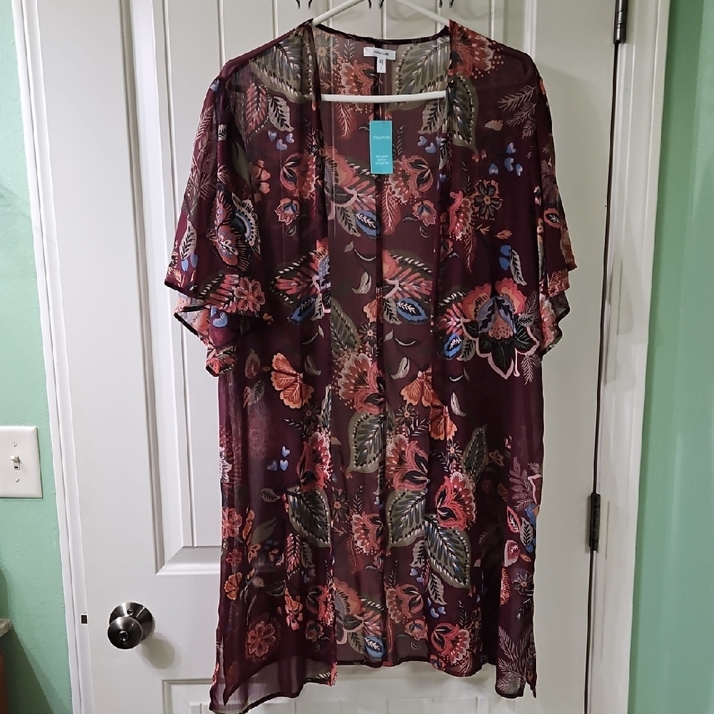 Maurices Burgundy/Wine Boho Floral Women's Kimono Large NWT